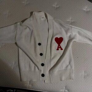 AMI Paris Ami de Coeur Off-White Wool Cardigan Red Heart Small Unisex